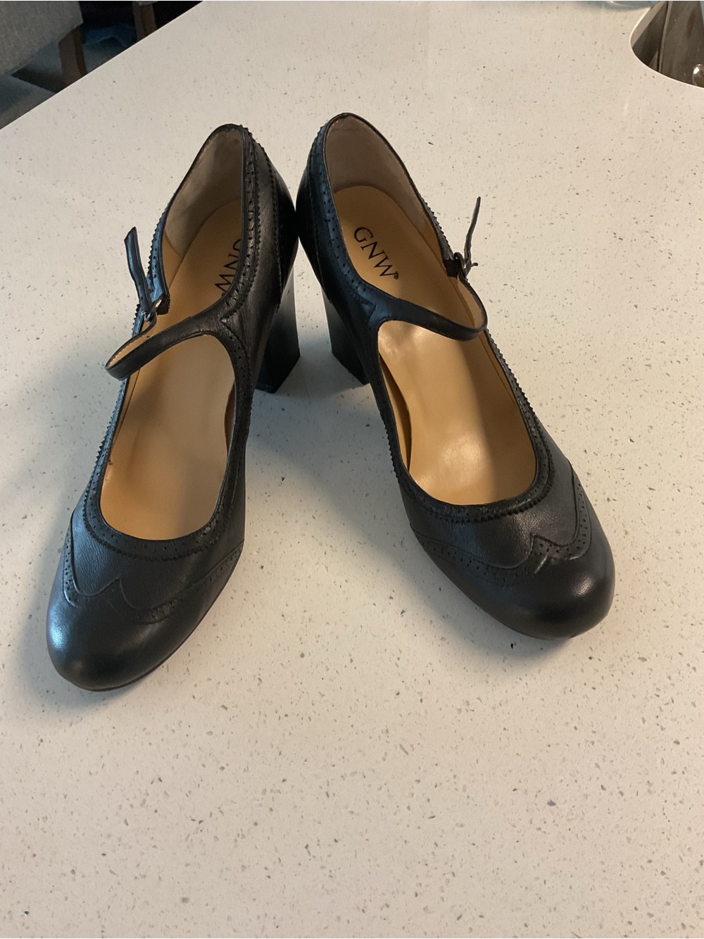 GNW Black Leather Mary Jane Block Heels with Brogue Detail